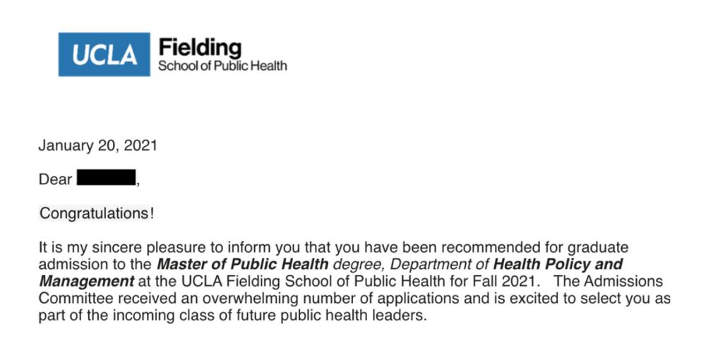 恭喜学员录取UCLA-公共卫生硕士 公共卫生硕士月薪